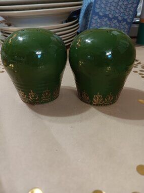 American Limoges Trillium Forest Green Filigree 22K Gold SALT AND PEPPER SET